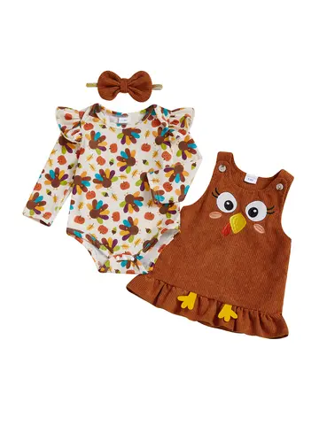 Traje de Acción de Gracias para niña, pelele con estampado de pavo, conjunto de diadema, 3 piezas, sin mangas, manga larga, lazo, bonito disfraz de otoño