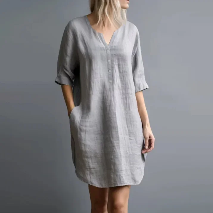 Frauen Hemd Kleid 2024, Sommer Vestidos Casual V-ausschnitt 3/4 Hülse Lose Einfarbig Knie-länge Sommerkleid Vintage Robe femme