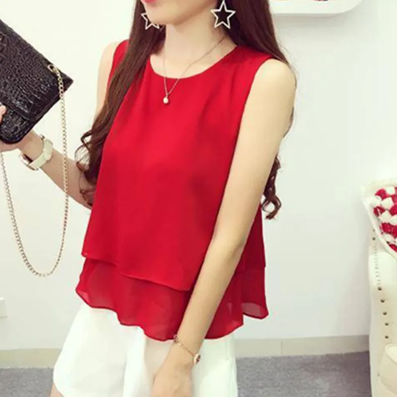 New Arrival Tops Women Chiffon Blouse 2023 Summer Beach Loose Sleeveless Casual Blouse O-Neck Oversized Female Hot Tops