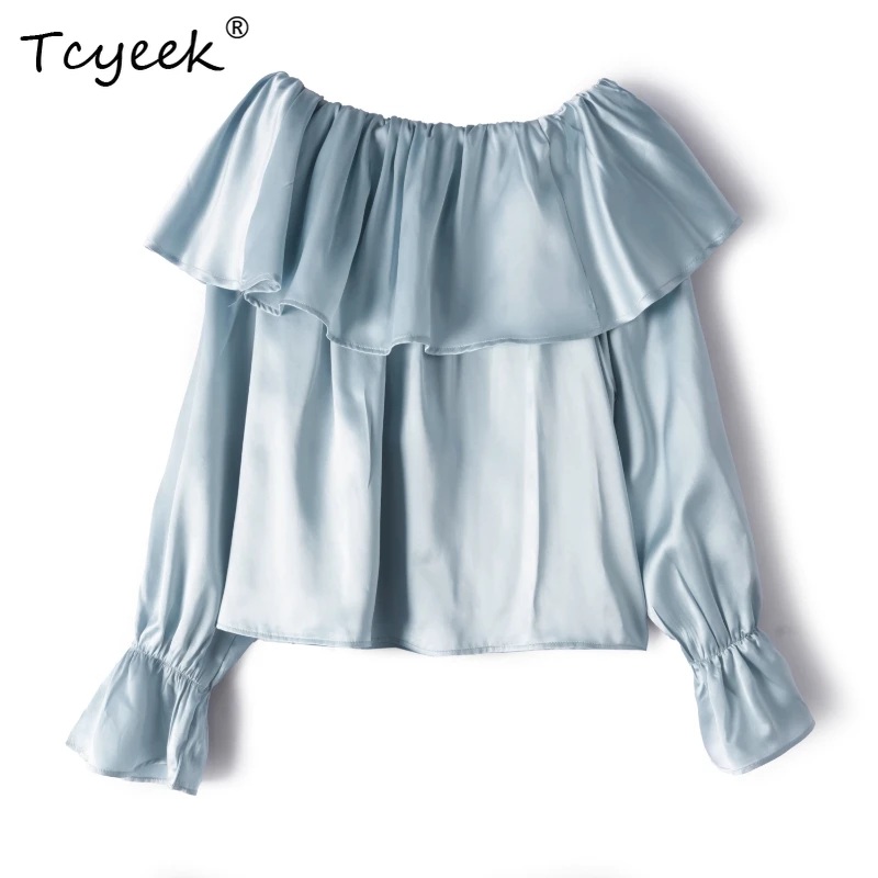 

Tcyeek 100% Mulberry Silk Spring Summer Lotus Leaf Edge One Collar Petal Long Sleeved Solid Color Women's Shirts Женская Одежда
