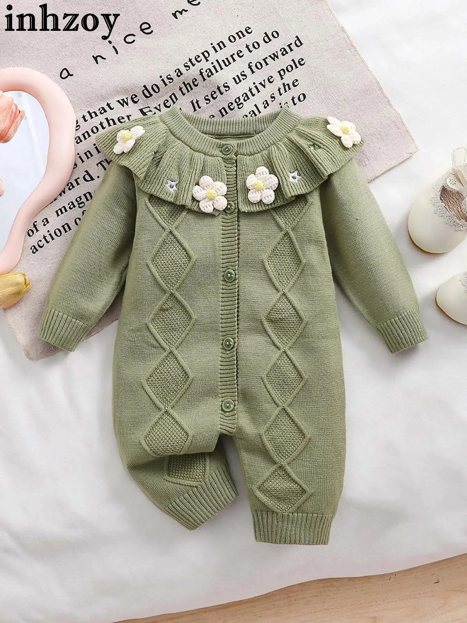 

Infant Girls Winter Warm Sweet Cute 3D Flower Knitted Sweater Romper Long Sleeve Ruffle Collar Bodysuit for Birthday Party Daily
