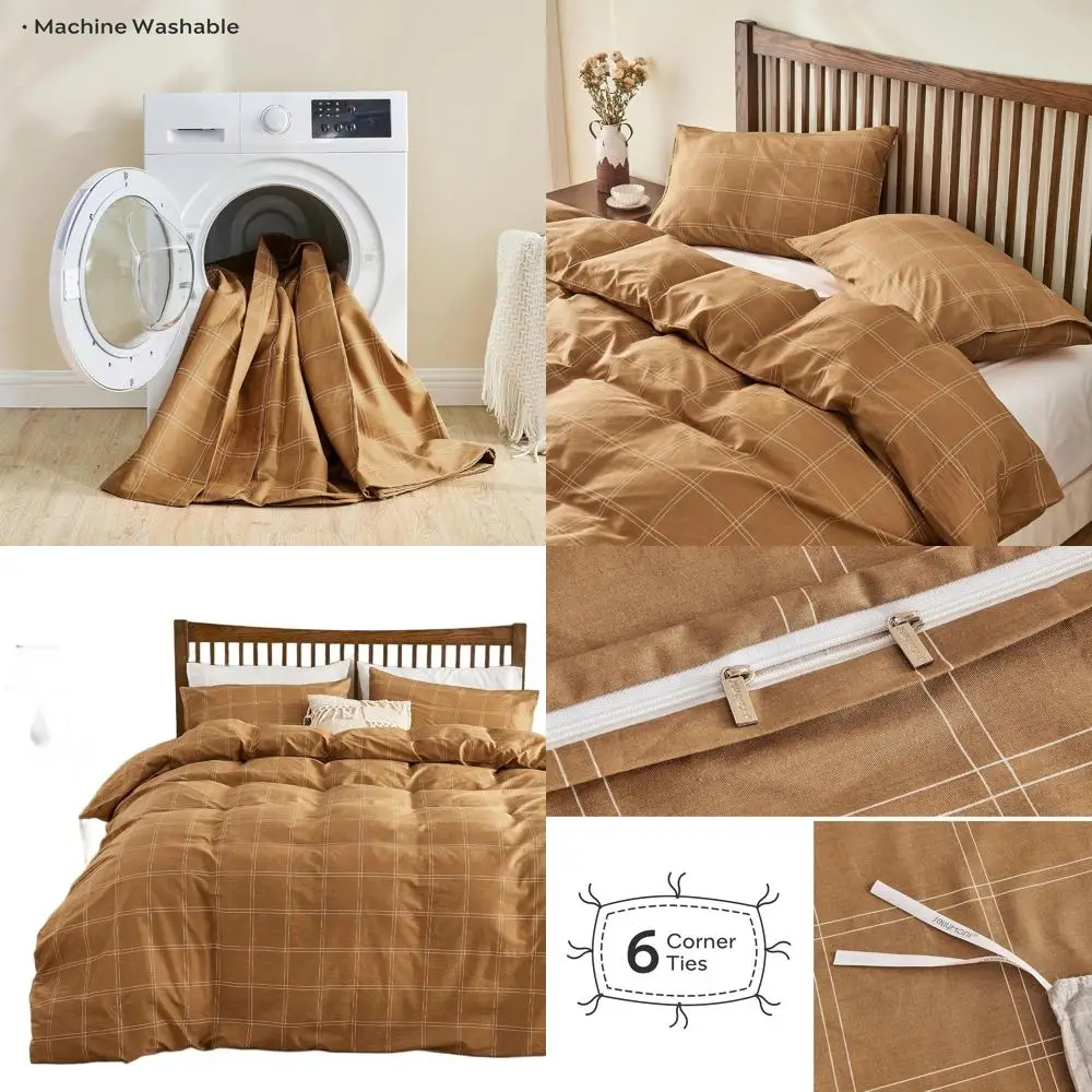

King Size Plaid Cotton Duvet Cover Set, 3-Piece Rust Grid Pattern with Zipper Closure