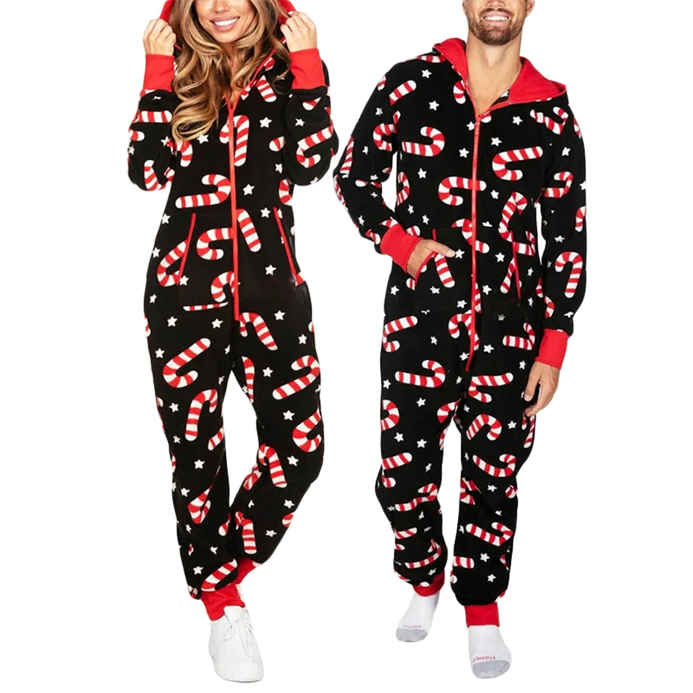 Hooded Long Sleeve Zipper-Up Pyjamas Nightwear Autumn Winter Velvet Homewear Clothes Women Men Couples Print Romper Sleepwear