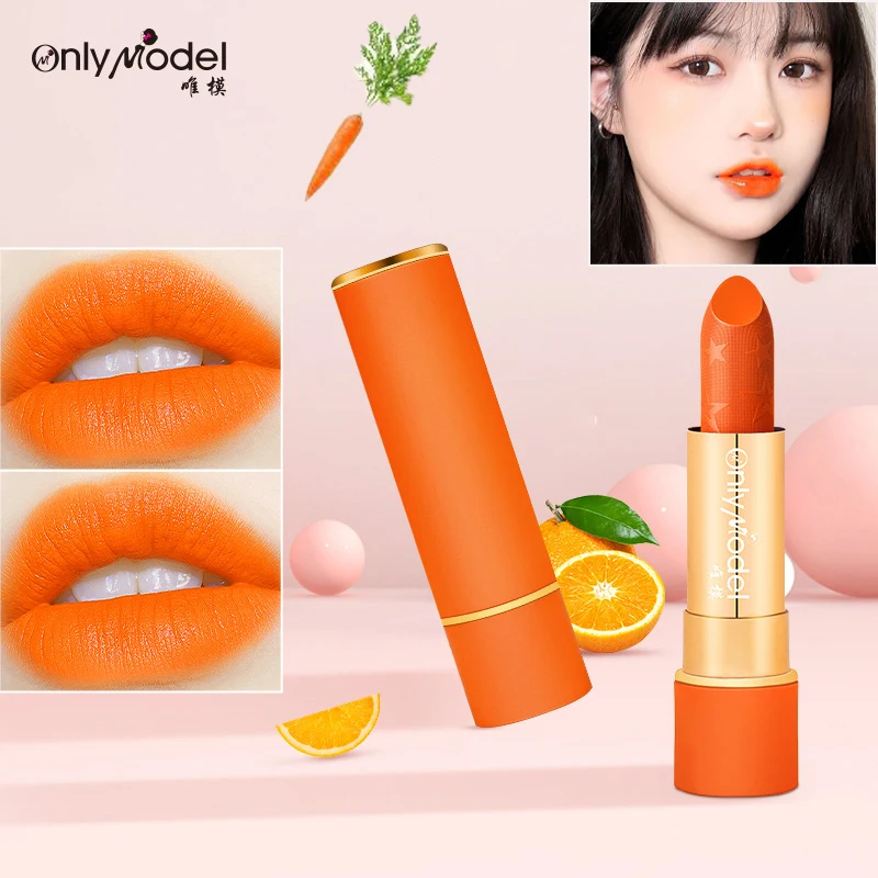Onlymodel 오렌지 립스틱 벨벳 립 틴트 방수 매트 립스틱, 내성 립스틱, 여성 화장품, 섹시 립 글레이즈 메이크업