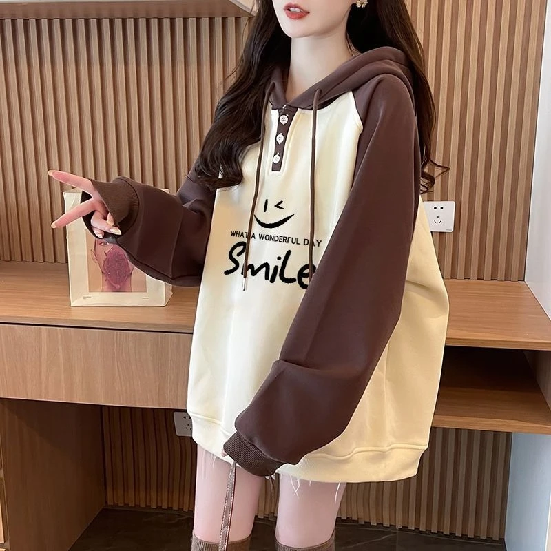 Women's Fall Winter Korean Lazy Vibe Hoodie Slimming Versatile Fleece Letter Top