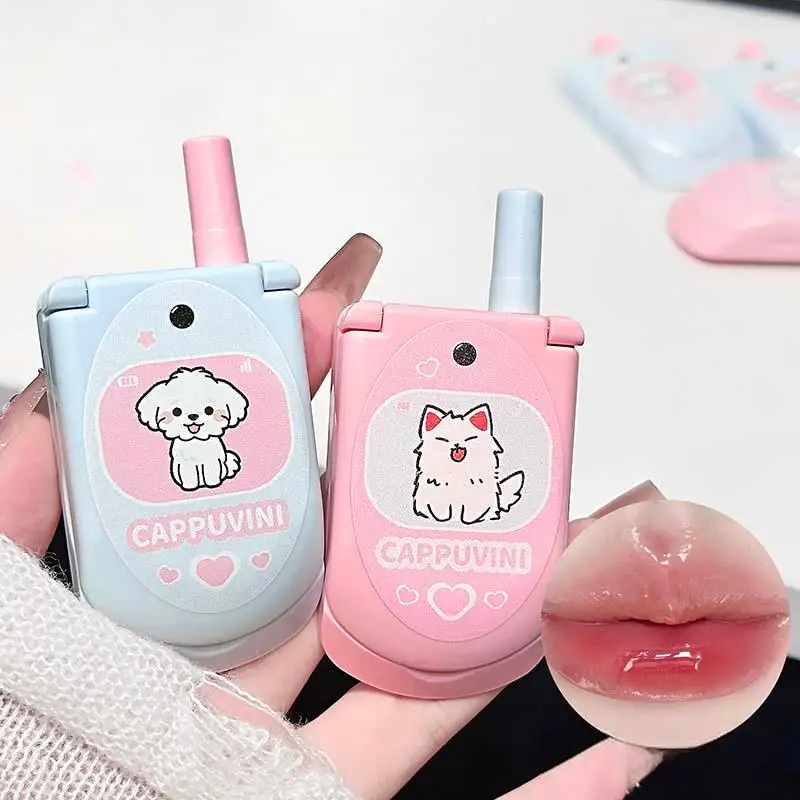 保湿デュアルカラーソリッドリップグロス 内蔵ミラー付きリップブラシ付き フリップフォンデザイン 長持ちするメイクアップリップスティック