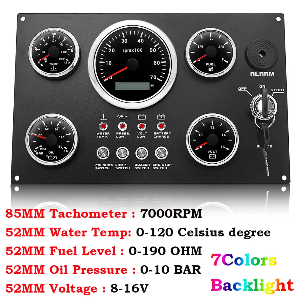 Boot Dashboard 5 Gauge Set Schakelpaneel 85mm Toerenteller 3000 rpm-8000 rpm + 52mm Voltmeter Oliepers Brandstofniveaumeter Aangepast
