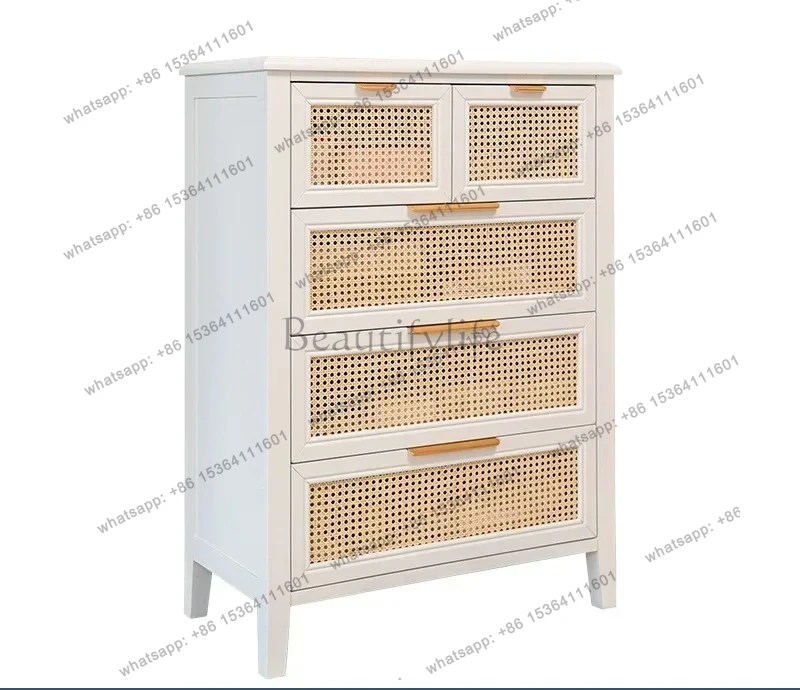 

Nordic chest of drawers solid wood natural rattan bedroom chest of drawers Japanese-style small wardrobe bed and break