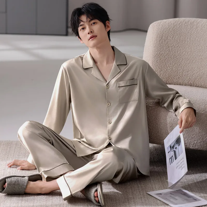 Big Size L-4XL Men's Satin Nightwear for Spring Lightweight Homewear Male Cardigan Solid Color Luxury Pajamas Set Hombre Pijamas