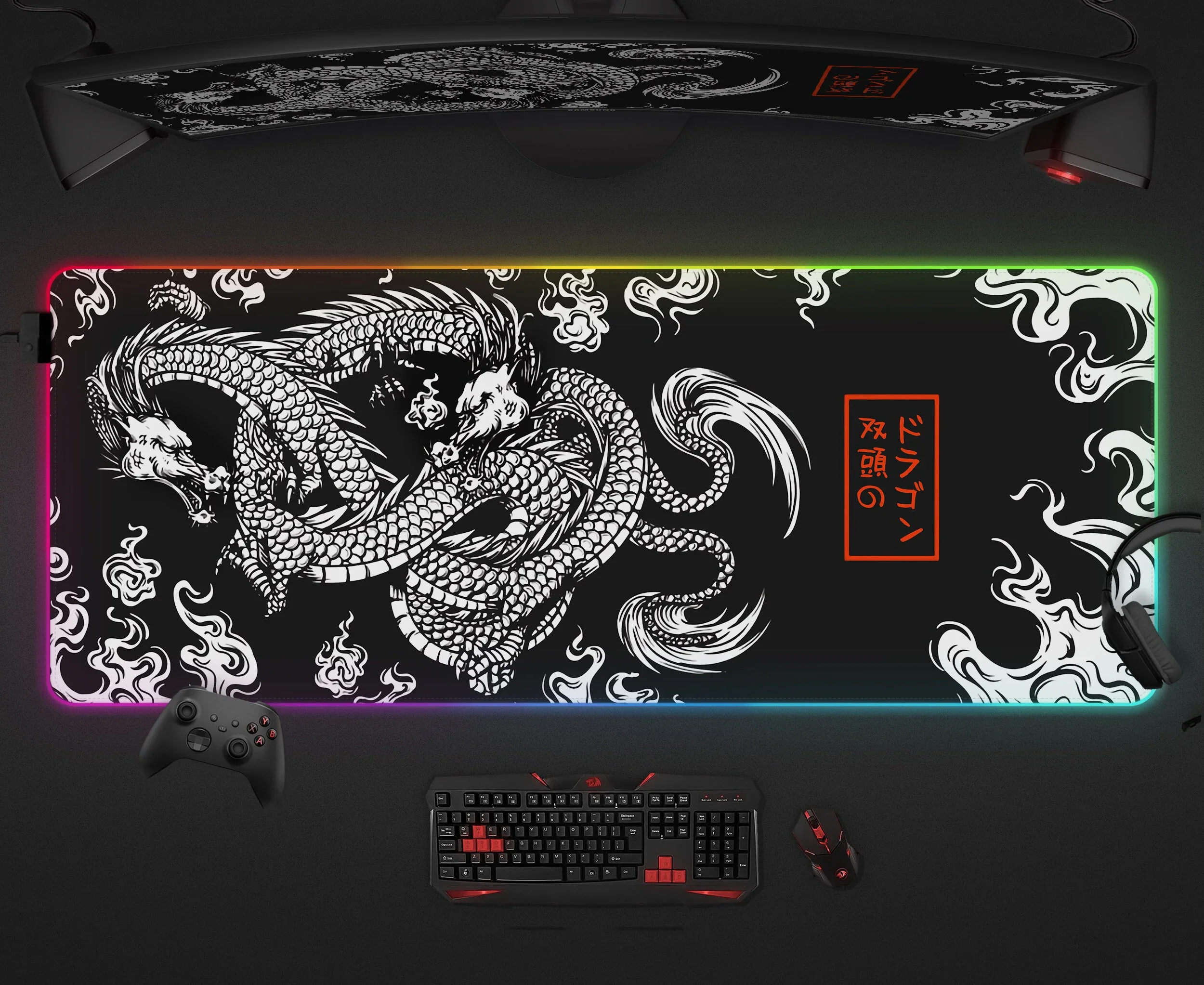 Imagem -02 - Mouse Pad Japonês Dragão Tapete de Mesa Grande Rgb Luz Preto e Branco Arte Asiática Oriental Japão Kanji Xxl Gaming Deskmat Mousepad