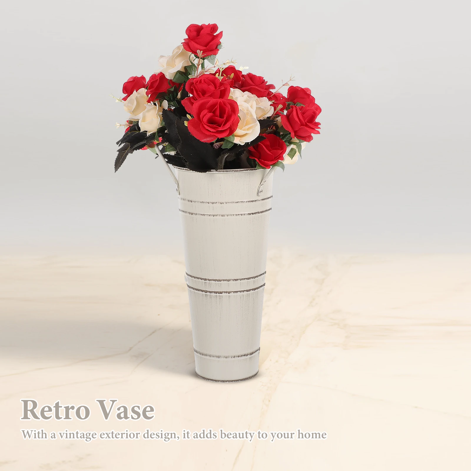 

2pcs Vase 11cm Top Jug 7cm Bottom 23cm Height Beige Vintage Metal Flower Bucket Flower Arrangement Container for Decor