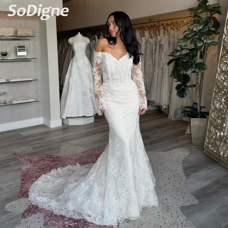 

SoDigne Lace Mermaid Wedding Dresses Off Shoulder Long Sleeves Bridal Dress 2026 Boho Bride Gown vestidos de novia Customized