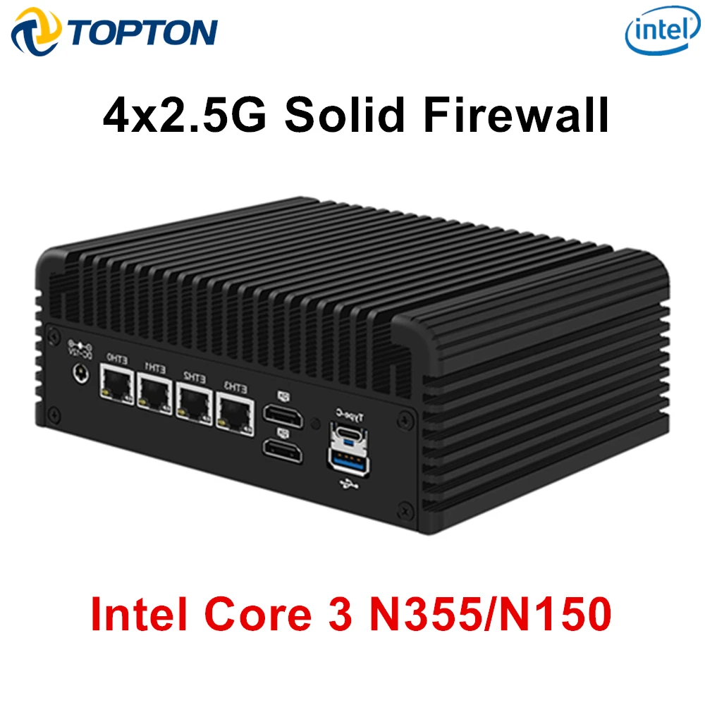Mini PC Serveur NAS Fanless Topton avec Pare-feu Intégré, Processeur Intel Core N355 N305 N150 N95, 4x2.5G LAN, Type-C, 2*NVMe+SATA, 5xUSB