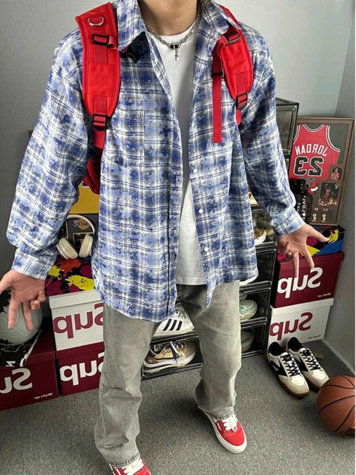 

Blue Tie Dye Plaid Men's Summer Casual Long Sleeve Shirt American Style Loose Fit Breathable Moisture Wicking Fashionable