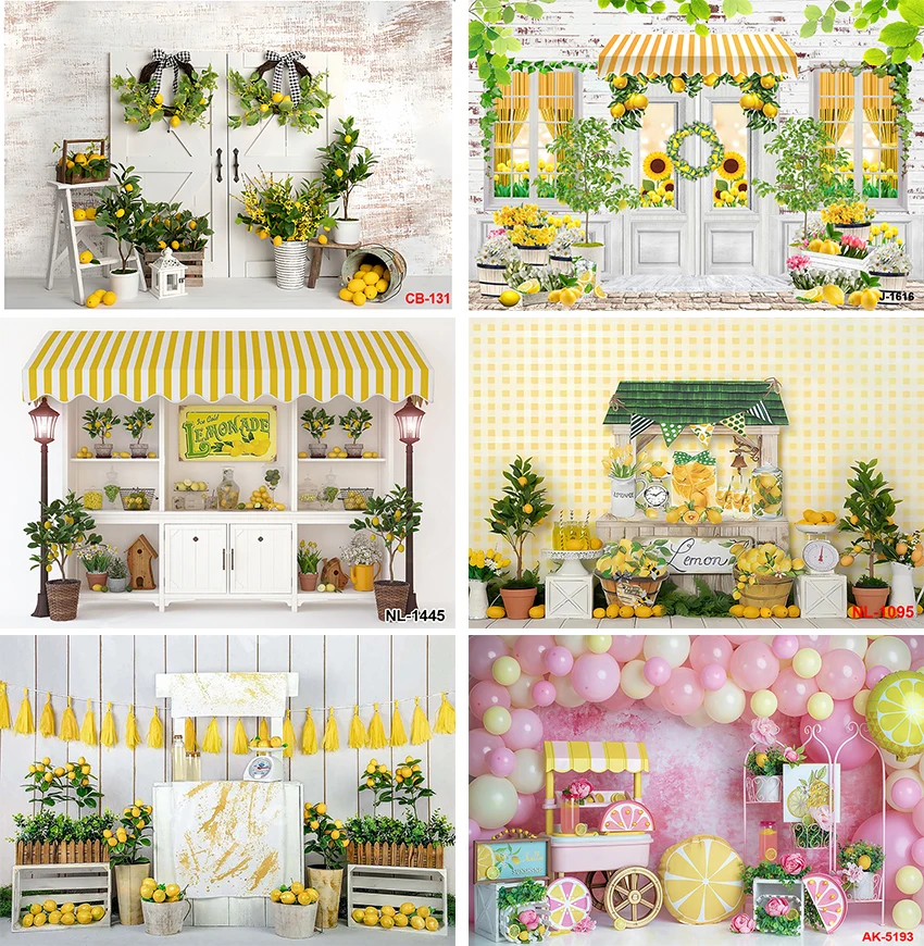 خلفية موضوع الليمون الأصفر لفتاة الصيف الرائعة عيد ميلاد سعيد ليموناد متجر حفلة التصوير خلفية خلفيات خشبية ريفية
