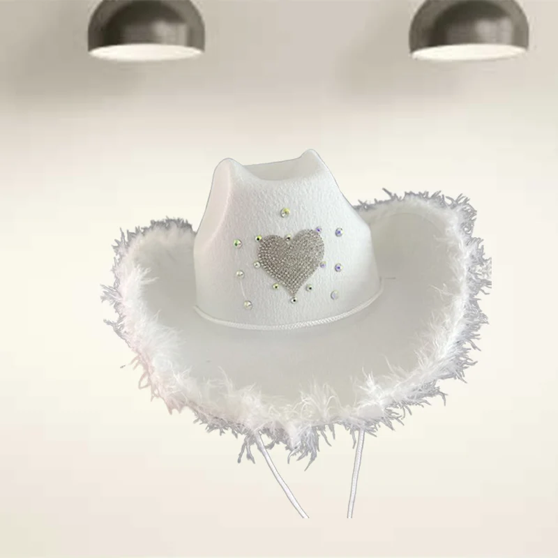 Men'S Women'S  Rhinestone Heart-Shaped  Dot Diamond Feather Trimmed Wide Brimmed Hat  Shower Bachelor Party Denim Hat