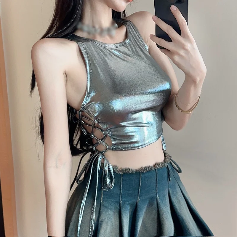 Round Neck Sleeveless Vest For Women Metal Silver Camisole Hollow Out Lace-Up Design Slim Fitting Sexy Basic Top Summer