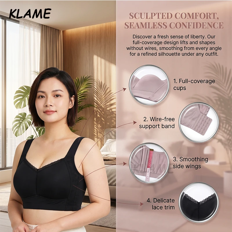 KLAME High Quality BCDEF Plus Size Women's High-strength Brassiere Comfort Wireless Full Cup Glossy Anti-sagging BraKLM922