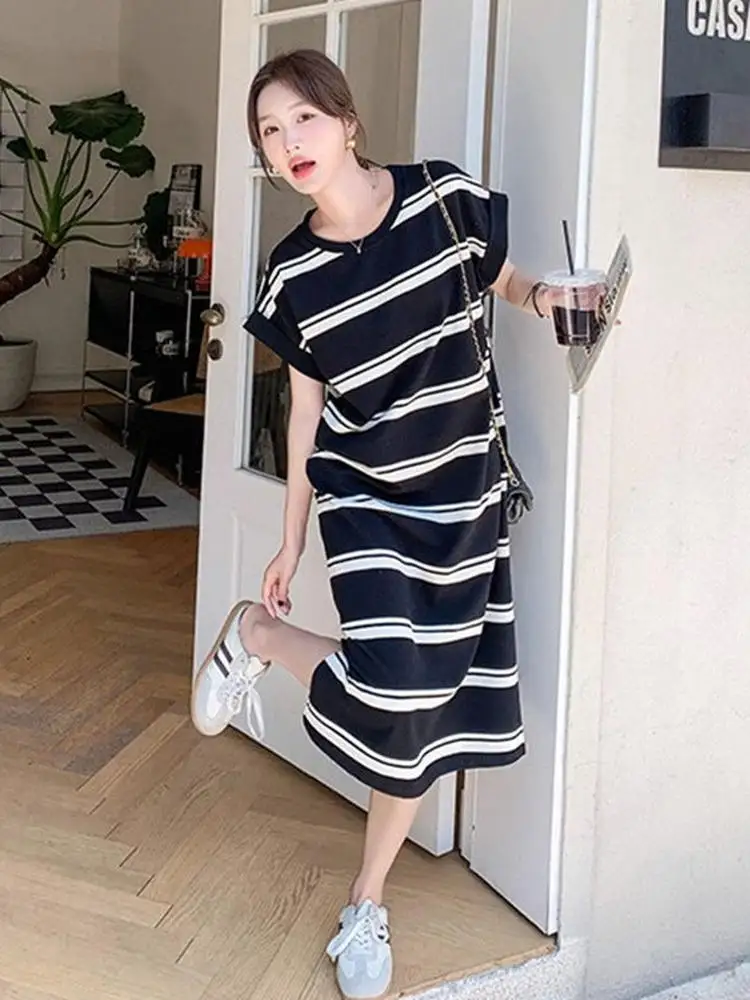 Or Sve Dr – T-shirt d'été à rayures en soie glacée, longueur aux genoux, grande taille, ample, couvrant le ventre, jupe longue amincissante, style coréen