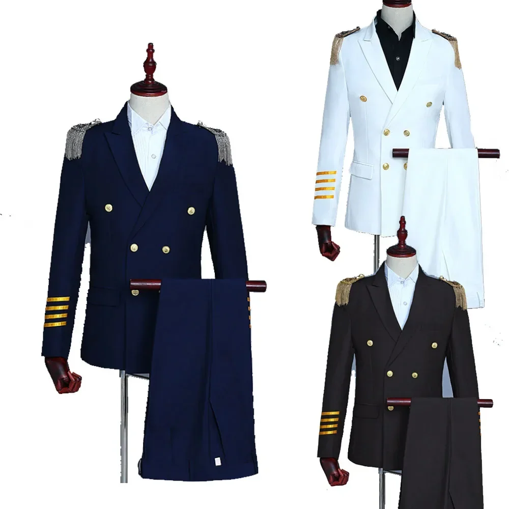 Navy Captain Officer Sailor Peacoat Costume Mens Blazer Suit Military Fringe Marching Band Jacket Uniform For Adult Coat+Pants