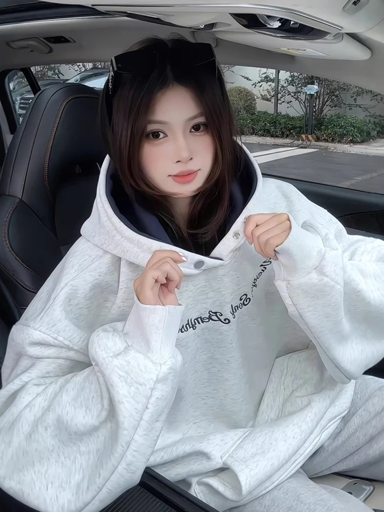 

Thiened Embroidered Hoodie Sweatirt ex Winter Warm Cotton Polyester Loose Fit Street Sle Jaet for Youth And Teens