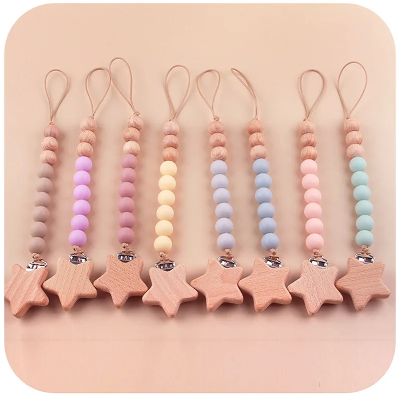 Abcpick-ベビースター木製おしゃぶりクリップ、ダミークリップ、シリコンビーズ、新生児の男の子と女の子のための看護歯が生えるギフト