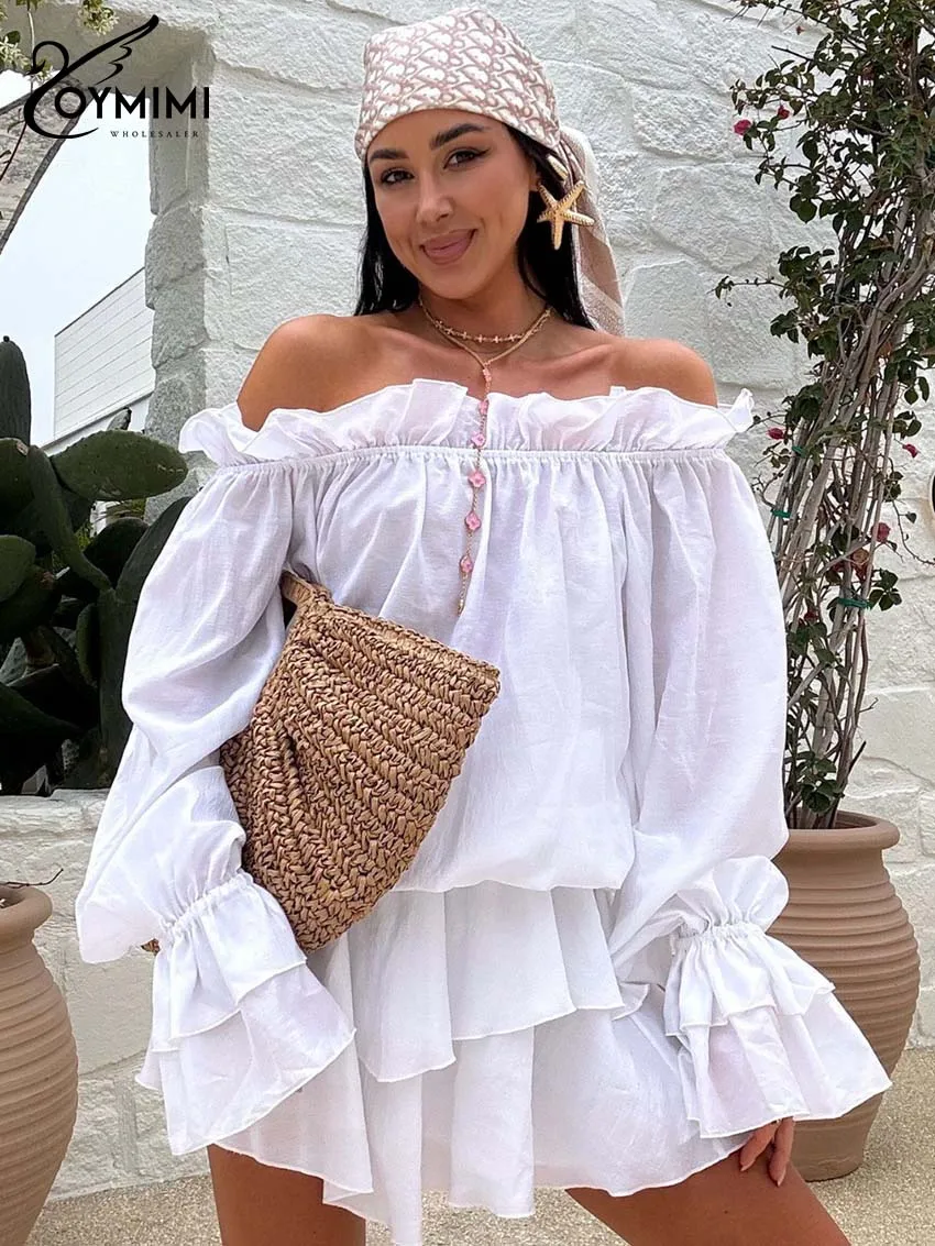 

Oymimi Casual White Cotton 2 Pieces Set For Woman Fashion Strapless Ruffled Long Sleeve Tops And Pleated Mini Skirts Female Sets