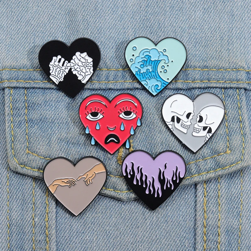 

Punk Heart Shape Enamel Pins Custom Skeleton Lovers Ocean Wave Tears Brooches Lapel Badges Funny Jewelry Gift for Kids Friends