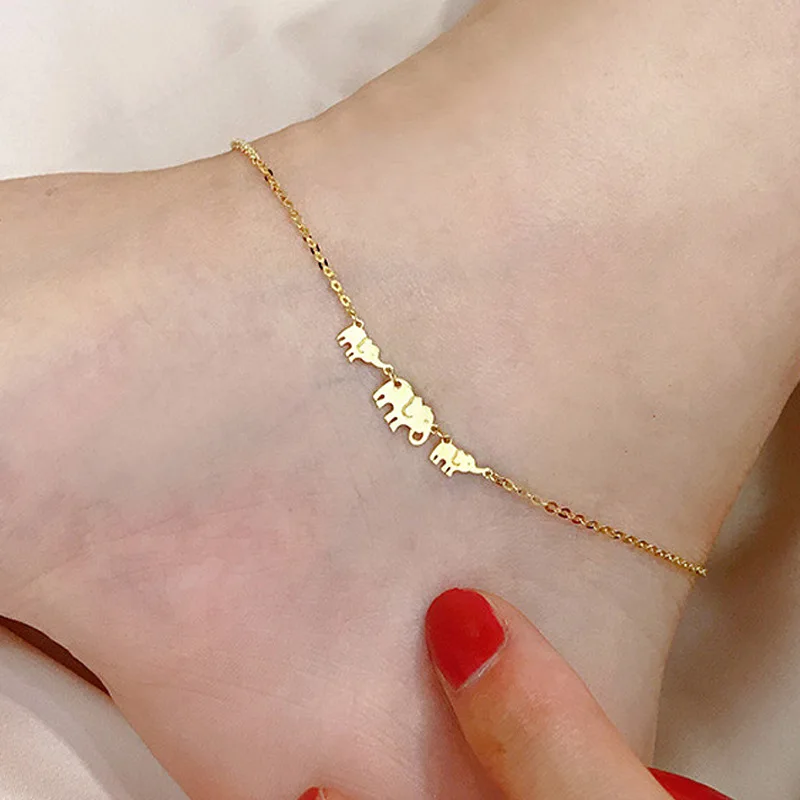 Metiseko S925 Sterling Silver Anklet 16K Yellow Gold Plated Elephant Pendant Anklet Cute Simple Foot Bracelet Jewelry for Women