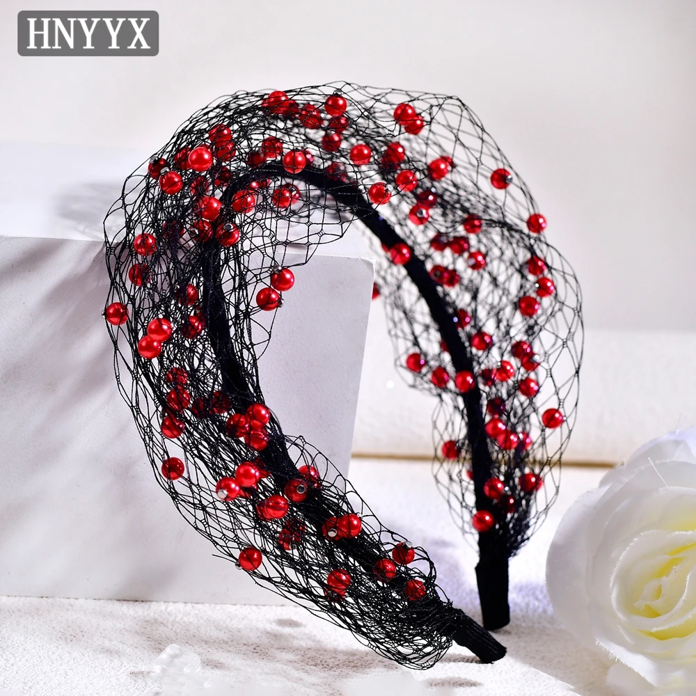 

HNYYX Pearl Bridal Wedding Mesh Veil Elegant Hairband Dress Headband Black Fishnet Veil Ladies Prom Hair Accessories A310