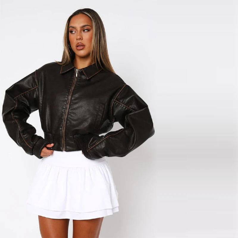 Vintage Women PU Leather Women Jacket Lapel Long Sleeve Fitted Waist Zipper Coat Short Coat 2025 Autumn Lady Streetwears Outwear