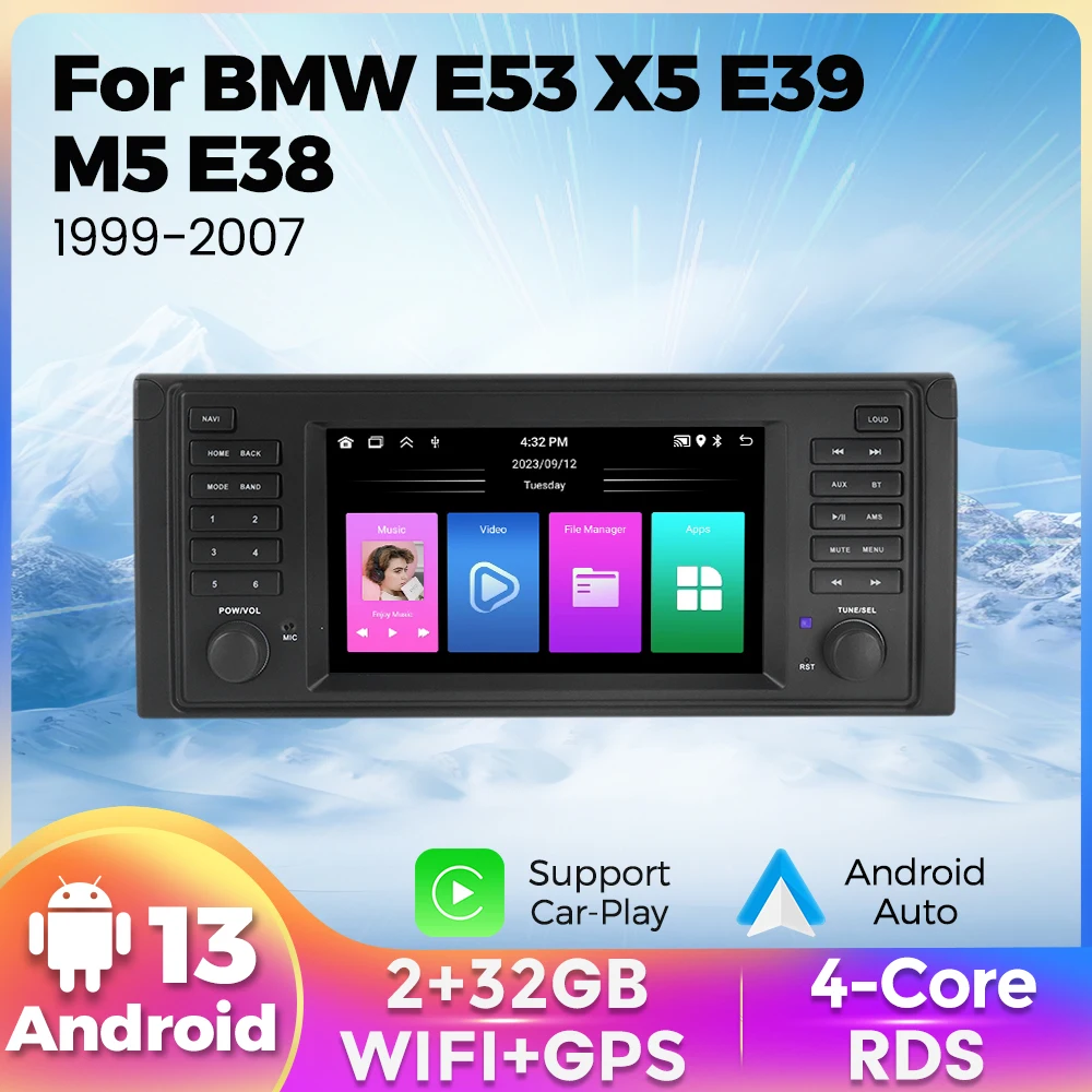 Car Wireless CarPlay Android13 Auto 7inch 2Din Stereo Radio GPS Navigation For 5-Series E39 X5 E53 M5 7-Series Multimedia Player