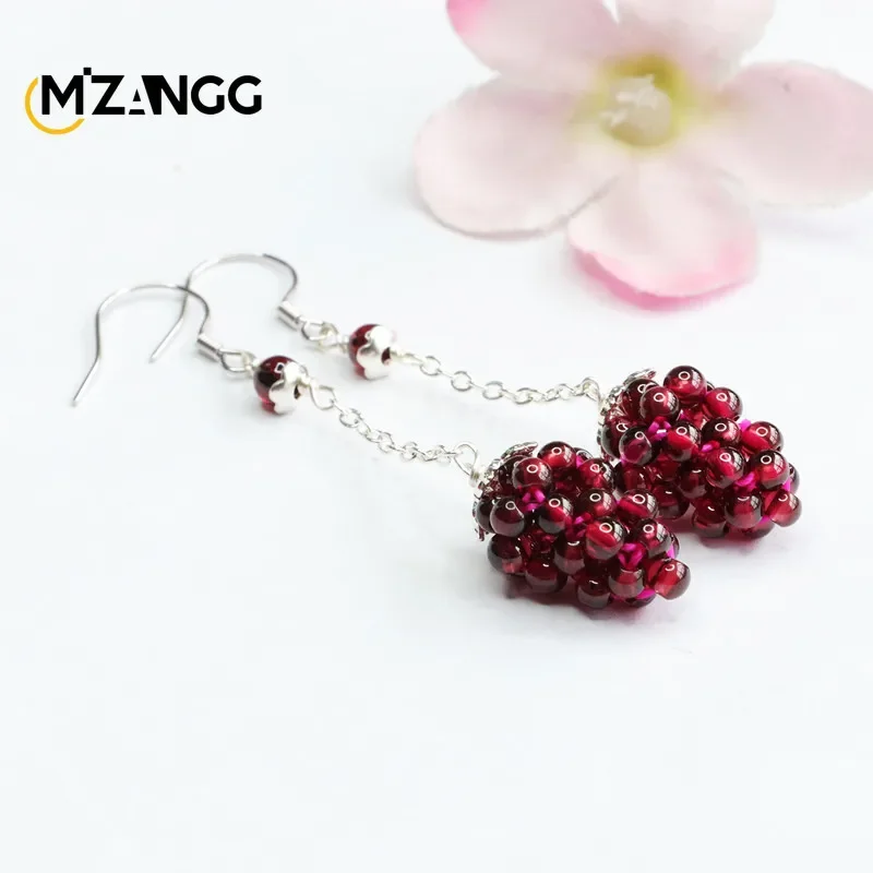 S925 Silver Natural Garnet Ear Hook Exquisite Luxury Women's Earrings Jewelry Crystal Healing  Energy Stone Gift