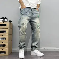 Jeans à jambe droite College personnalisés pour hommes, style de rue rétro américain, ajustement adt, pantalons déFlexHigh Street Hip Hop