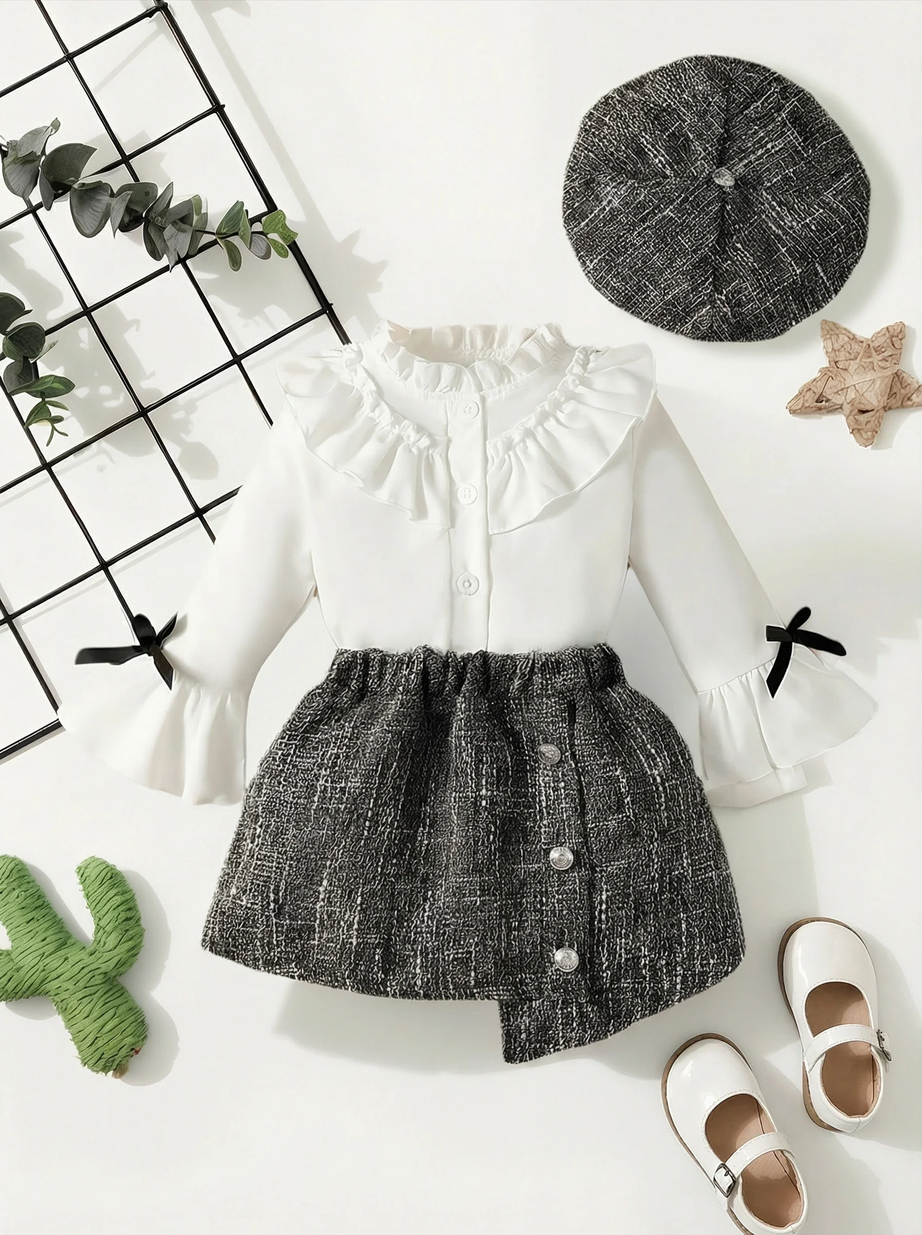 

Весенне-осенний комплект из 3 предметов для маленьких девочек: рубашка с рюшами, юбка и берет — идеально подходит для особых случаев, подарка на День святого Валентина и день рождения