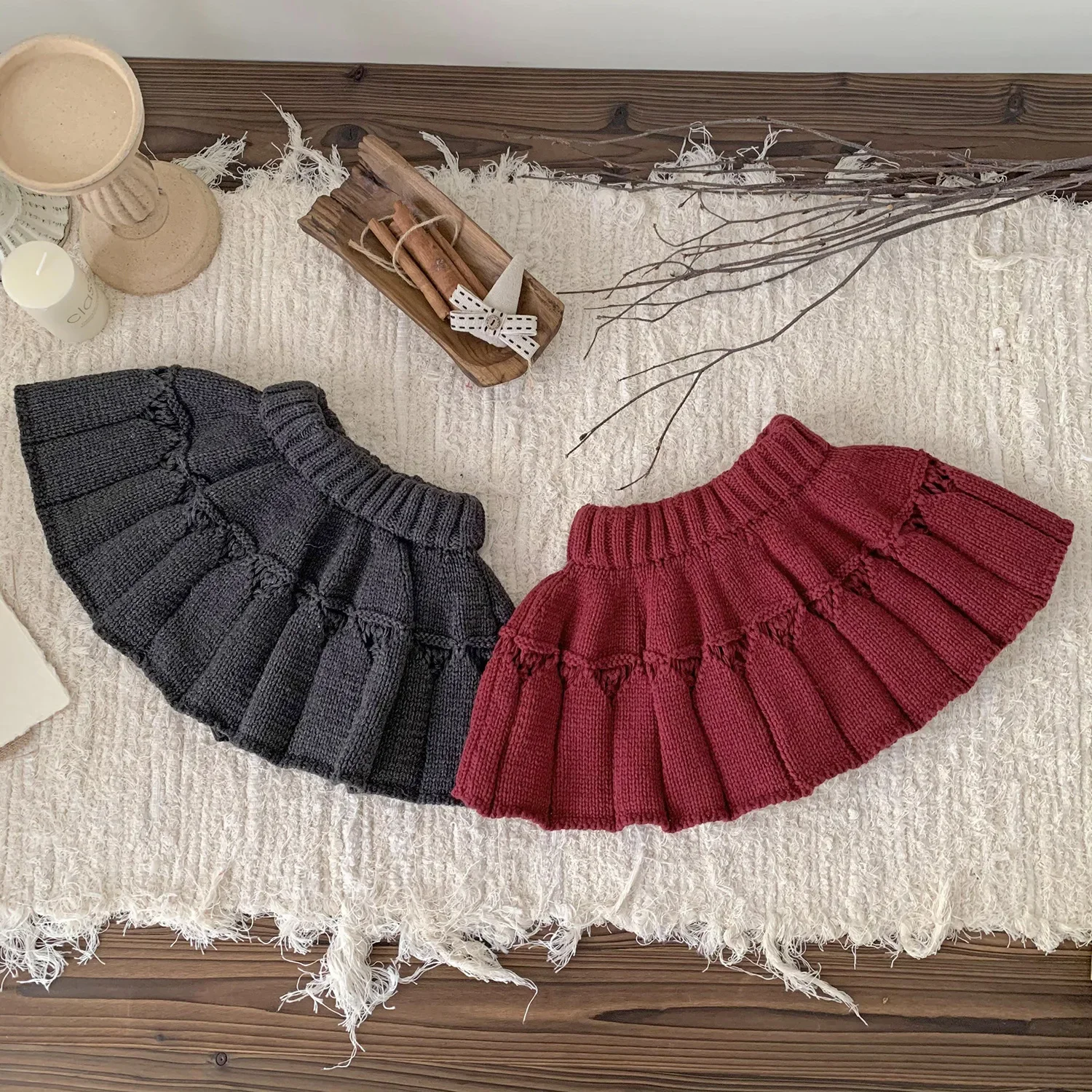 2024 New Autumn Winter Toddlers Girls Knitted Skirts Pleated Christmas Style Children Clothes Baby Kids Thicken Skirt