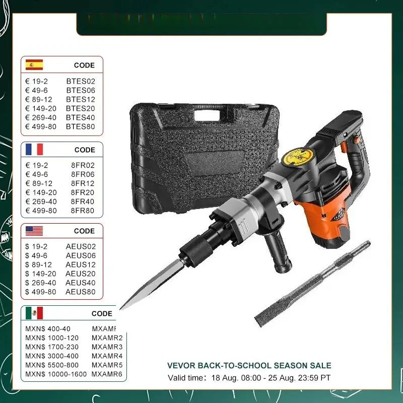 1400W Demolition Jack Hammer Electric Jackhammer Heavy Duty 2900 BPM Concrete Breaker 2pcs Chisels Bits Chipping