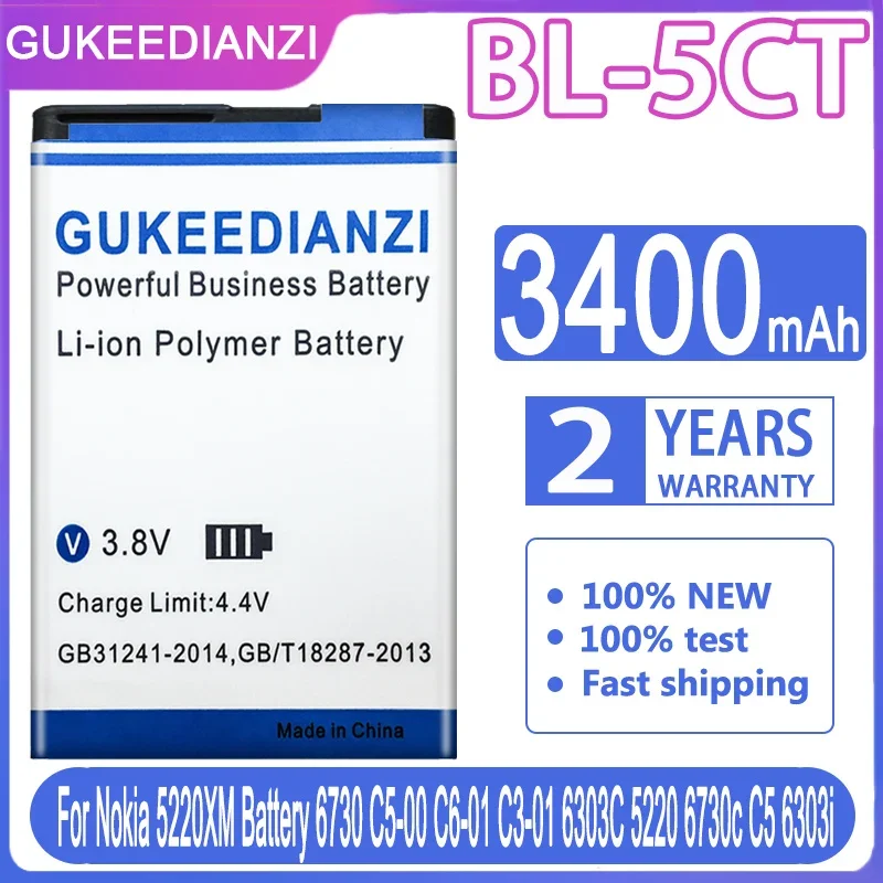 GUKEEDIANZI 3400mAh BL-5CT BL5CT Battery for Nokia 3720 5220 5220XM 6303i 6750 6330 6303i C5 C5-02 C5-00i C5-00 Batteria