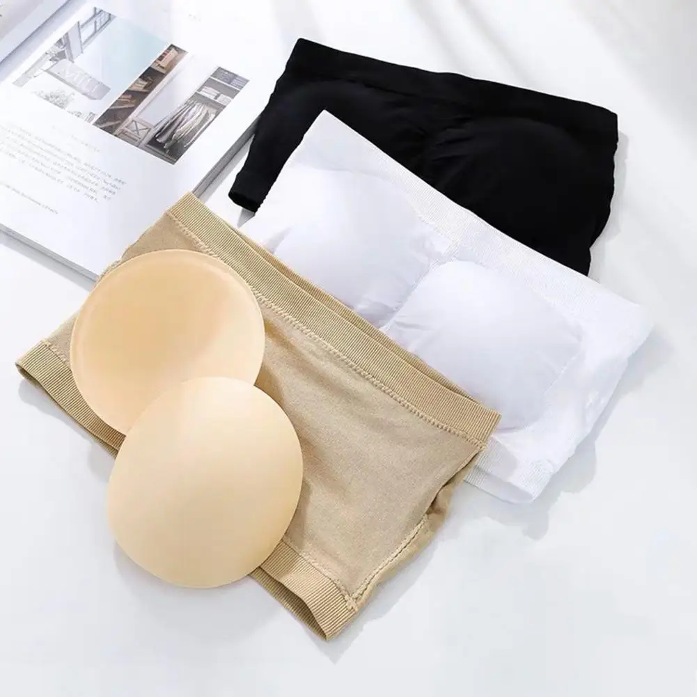 Mold Cup Bandeau Strapless Tube Top Bra with Detachable Chest Pads Anti-slip Design for Women Push Up for Lady for Dancing