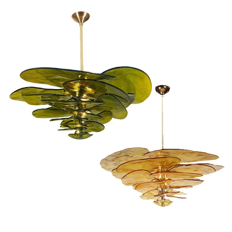 Nordic Lamps And Villa Living Room Retro Green Glass Large Chandeliers Amber Classic Pendant Light Dining Room Home Decoration