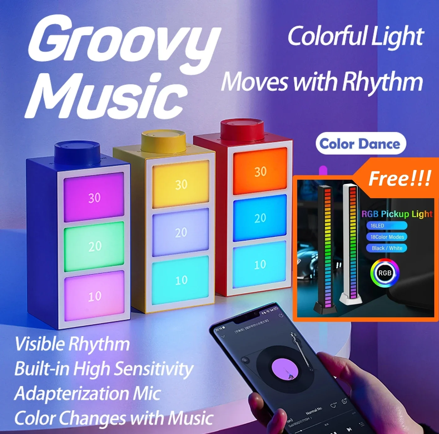 PowerUP 3Mode RGBCW Night Light&Rhythm Battery Indicator Design Symphony Pick Up Sound Control Music Ambient Light for Desk/Kids