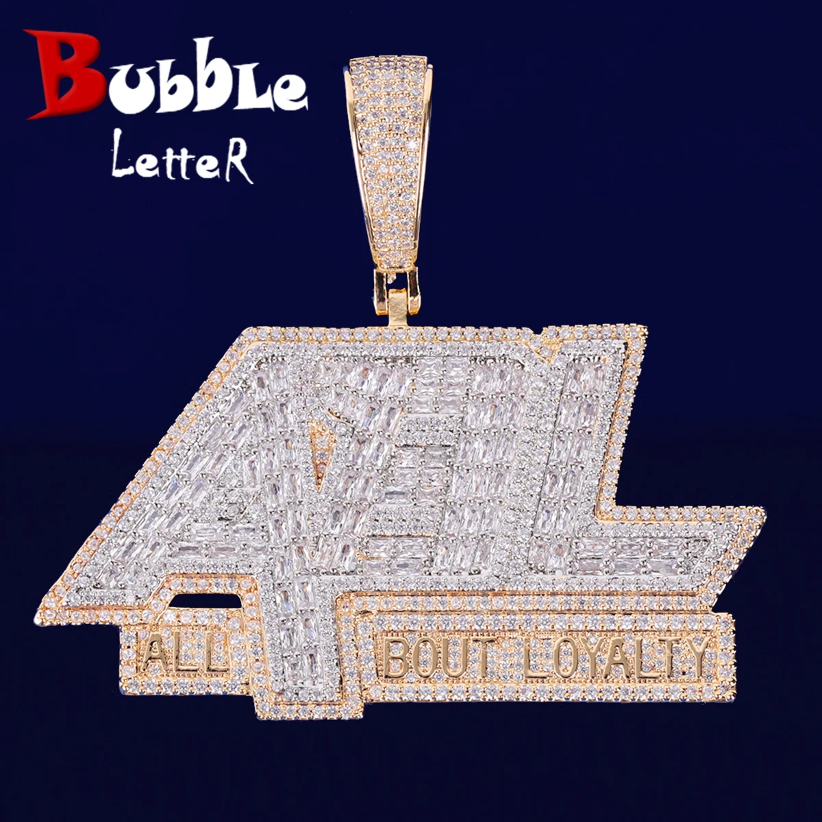 Bubble Letter All Bout Loyalty Pendant Iced Out Necklace for Men Charms Real Gold Plated Hip Hop Fashion Jewelry