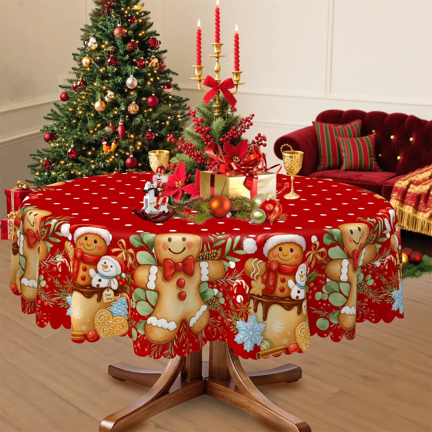 Gingerbread Man, Muffins, Pine Branches, Holly Leaves, Berries, Christmas Tablecloth 1 Pack