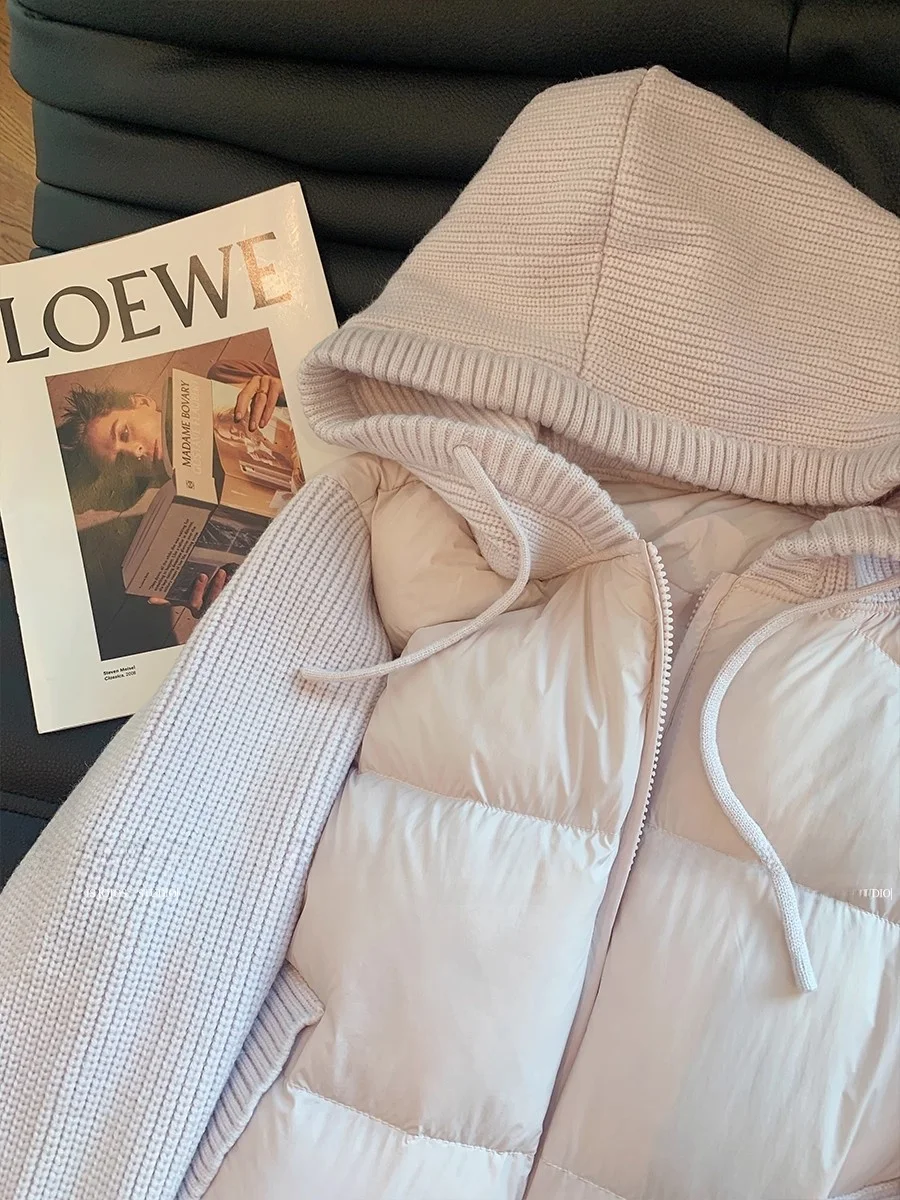 핑크 니트 스플라이스 모자 코튼 자켓 여성 겨울 신상 캐주얼 슬림 따뜻한 코튼 코트 아우터웨어 여성 패션