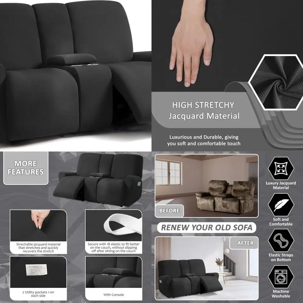 

Набор эластичных чехлов для дивана из 8 предметов для двухместного двухместного сиденья с откидной спинкой и средней консолью, моющийся черный жаккардовый дизайн