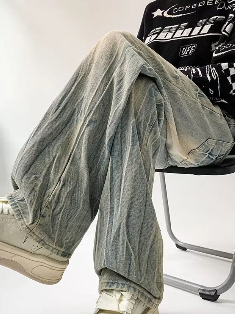 

Мужские джинсы в американском ретро-стиле с эффектом мятости, прямые широкие брюки, износостойкие, свободного кроя, для весны и осени