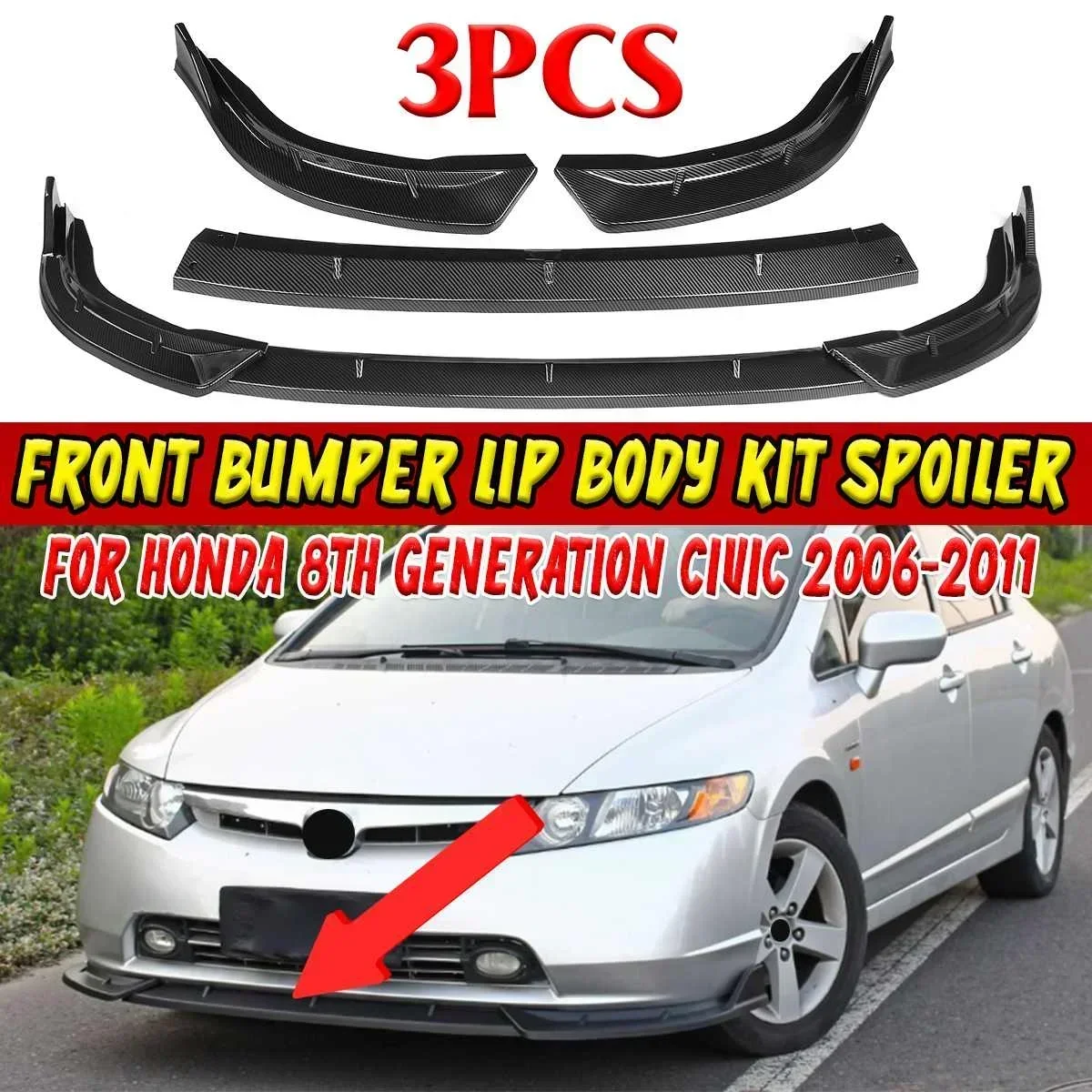 High Quality Car Front Bumper Lip Chin Bumper Splitter Cover Trim For Honda For Civic 8th Generation 2006-2011 Exterior Part