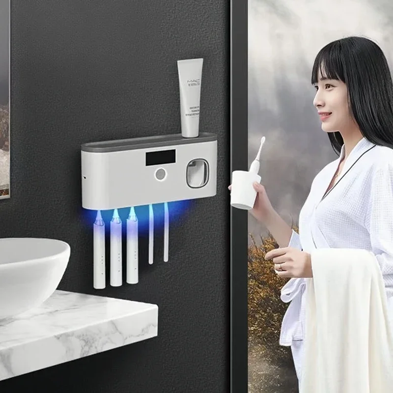 Toothpaste Dispenser Wall Mounted Toothbrush Holder Without Drilling Toothbrush Holder with 5 Brush Slots Toothbrush Organizer