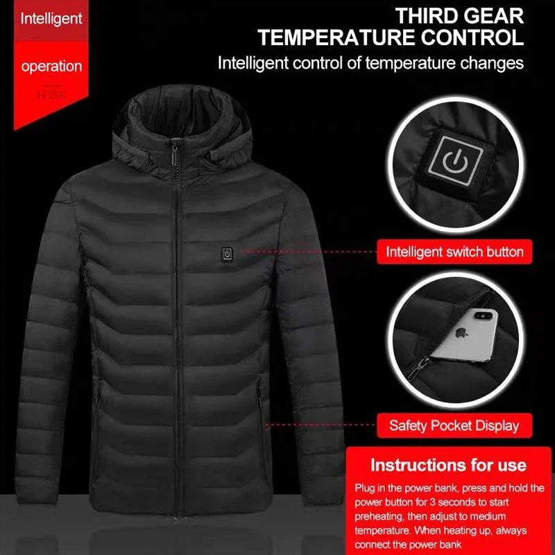 9 منطقة USB الذكية ساخنة سترة الرجال النساء الرياضة في الهواء الطلق المشي لمسافات طويلة ملابس الشتاء الدافئة معطف مقنع يندبروف التخييم الصيد 6XL ​