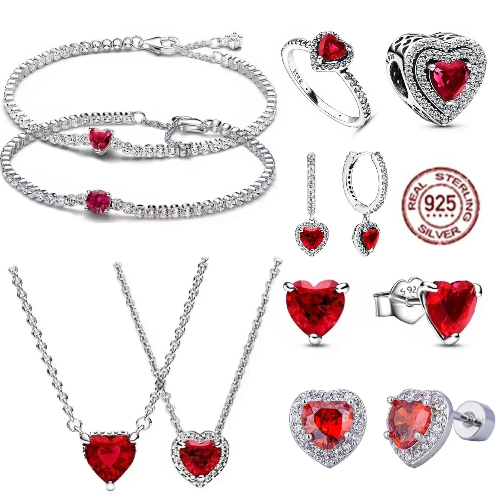 

Latest 925 Sterling Silver Sparkling Classic Red Heart Ring Necklace Bracelet - Luxurious Exquisite Charm Jewelry Suitable for D
